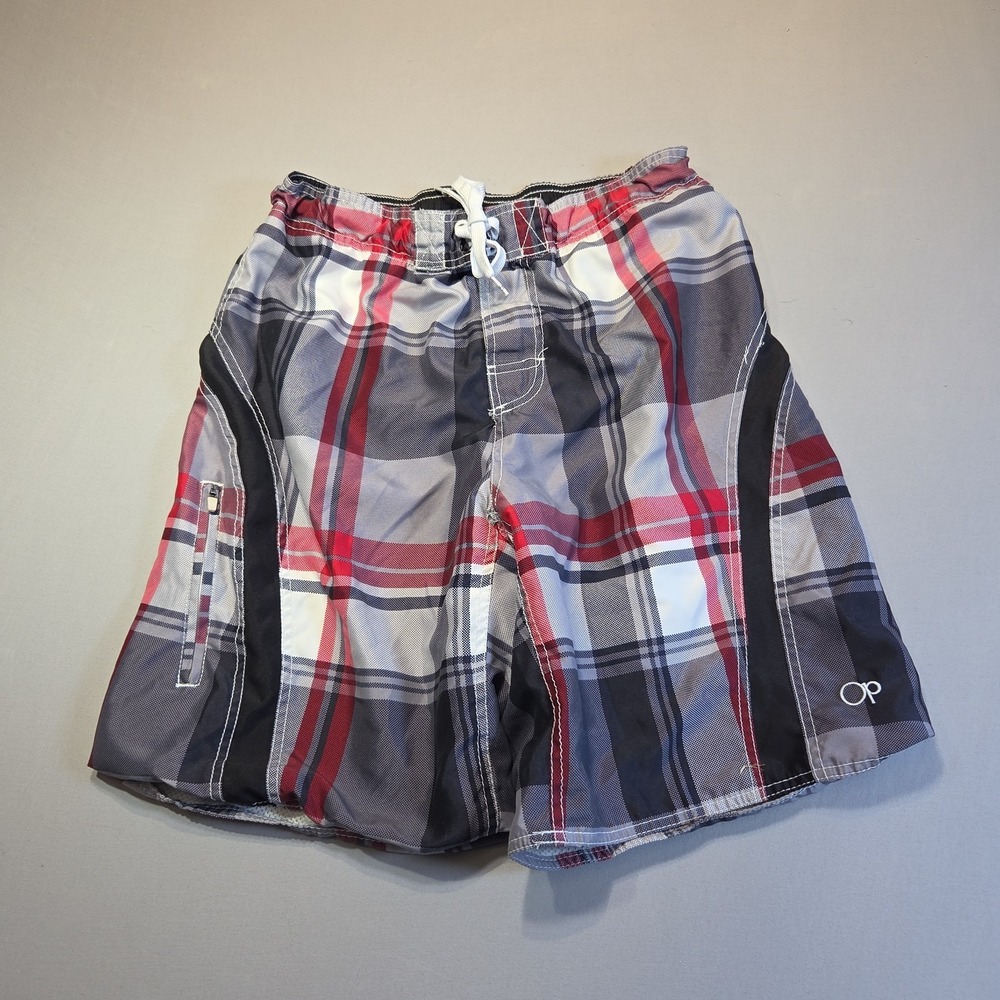 OP Ocean Pacific Mens Swim Trunks Board Shorts Medium 32-34 Grey Plaid Mesh Line